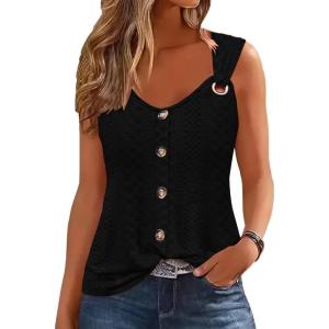imageDisamer Tank Tops for Women 2025 Vacation Summer Spring Outfits Lace V Neck Button Down Loose Fit Sleeveless T ShirtsLace Black