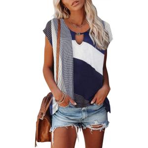 imageDisamer Womens Shirts Dressy Casual Short Sleeve Summer Tops 2025 Spring Fashion Crew Neck Loose Fit Basic Tee BlouseStriped Blue
