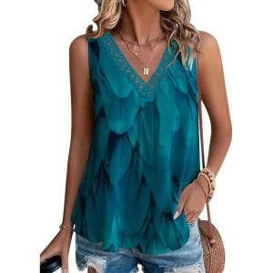 imageDisamer Womens Summer Tops 2025 Trendy Sleeveless TShirt Dressy Casual Cute Loose Fit Tank Lace V Neck Tunic BlouseFlower Deep Green