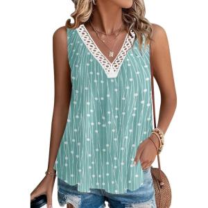 imageDisamer Womens Summer Tops 2025 Trendy Sleeveless TShirt Dressy Casual Cute Loose Fit Tank Lace V Neck Tunic BlouseFlower Light Green