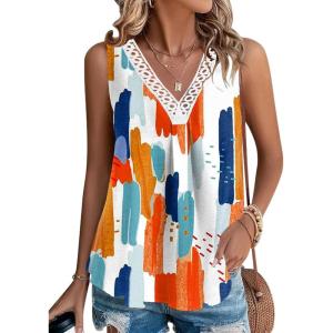 imageDisamer Womens Summer Tops 2025 Trendy Sleeveless TShirt Dressy Casual Cute Loose Fit Tank Lace V Neck Tunic BlouseFlower White