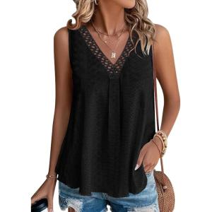 imageDisamer Womens Summer Tops 2025 Trendy Sleeveless TShirt Dressy Casual Cute Loose Fit Tank Lace V Neck Tunic BlouseLace Black