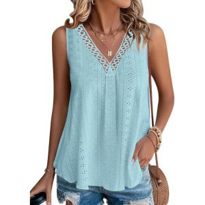 imageDisamer Womens Summer Tops 2025 Trendy Sleeveless TShirt Dressy Casual Cute Loose Fit Tank Lace V Neck Tunic BlouseLace Blue