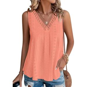 imageDisamer Womens Summer Tops 2025 Trendy Sleeveless TShirt Dressy Casual Cute Loose Fit Tank Lace V Neck Tunic BlouseLace Orange