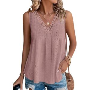 imageDisamer Womens Summer Tops 2025 Trendy Sleeveless TShirt Dressy Casual Cute Loose Fit Tank Lace V Neck Tunic BlouseLace Pink