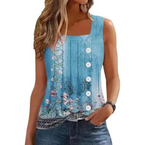 imageDisamer Womens Tank Tops 2025 Pleated Spring Outfis Crochet Square Collar Floral Button Down Summer Top Sleeveless ShirtsFloral Blue