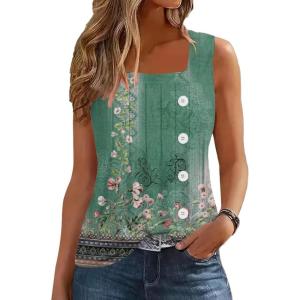 imageDisamer Womens Tank Tops 2025 Pleated Spring Outfis Crochet Square Collar Floral Button Down Summer Top Sleeveless ShirtsFloral Green