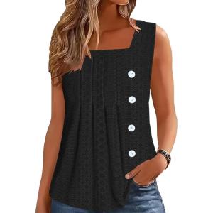 imageDisamer Womens Tank Tops 2025 Pleated Spring Outfis Crochet Square Collar Floral Button Down Summer Top Sleeveless ShirtsLace Black