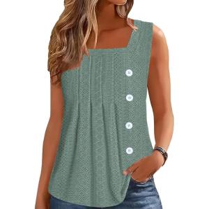 imageDisamer Womens Tank Tops 2025 Pleated Spring Outfis Crochet Square Collar Floral Button Down Summer Top Sleeveless ShirtsLace Green