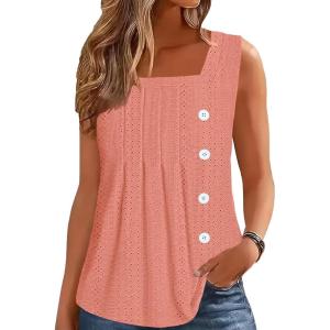imageDisamer Womens Tank Tops 2025 Pleated Spring Outfis Crochet Square Collar Floral Button Down Summer Top Sleeveless ShirtsLace Orange