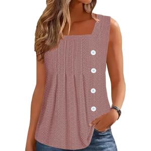 imageDisamer Womens Tank Tops 2025 Pleated Spring Outfis Crochet Square Collar Floral Button Down Summer Top Sleeveless ShirtsLace Pink