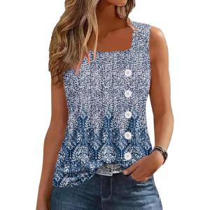imageDisamer Womens Tank Tops 2025 Pleated Spring Outfis Crochet Square Collar Floral Button Down Summer Top Sleeveless ShirtsStriped Blue