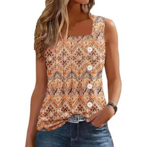 imageDisamer Womens Tank Tops 2025 Pleated Spring Outfis Crochet Square Collar Floral Button Down Summer Top Sleeveless ShirtsStriped Orange