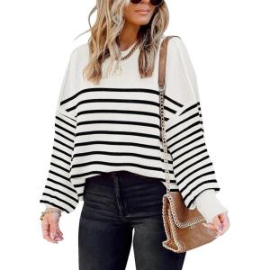 imageFall Sweaters for Women 2024 Long Sleeve Side Slit Striped Crew Neck Knit Tops Loose Fit Oversized Pullover Tops