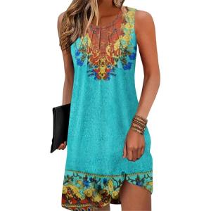imageSummer Beach Dresses for Women 2025 Casual Sleeveless Floral Print Pleated Sundress Cover Ups Fashion Maxi DressFlower Vine Green