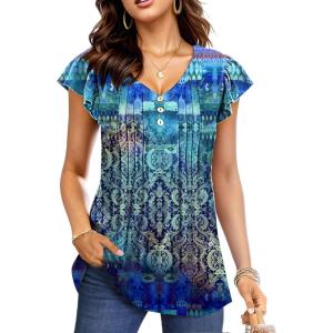 imageDisamer Womens Summer Tops Ruffle Short Sleeve T Shirts Spring 2025 V Neck Pleated Dressy Casual Floral Blouses TunicDye Blue