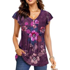 imageDisamer Womens Summer Tops Ruffle Short Sleeve T Shirts Spring 2025 V Neck Pleated Dressy Casual Floral Blouses TunicFloral Purple