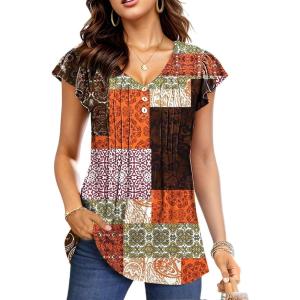imageDisamer Womens Summer Tops Ruffle Short Sleeve T Shirts Spring 2025 V Neck Pleated Dressy Casual Floral Blouses TunicPlaid Orange