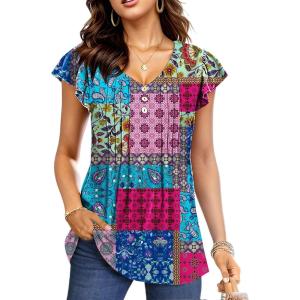 imageDisamer Womens Summer Tops Ruffle Short Sleeve T Shirts Spring 2025 V Neck Pleated Dressy Casual Floral Blouses TunicPlaid Purple