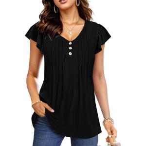 imageDisamer Womens Summer Tops Ruffle Short Sleeve T Shirts Spring 2025 V Neck Pleated Dressy Casual Floral Blouses TunicPure Black