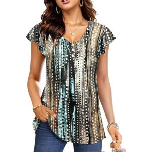 imageDisamer Womens Summer Tops Ruffle Short Sleeve T Shirts Spring 2025 V Neck Pleated Dressy Casual Floral Blouses TunicStriped Blue
