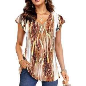 imageDisamer Womens Summer Tops Ruffle Short Sleeve T Shirts Spring 2025 V Neck Pleated Dressy Casual Floral Blouses TunicStriped Yellow
