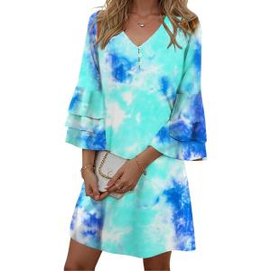 imageDisamer Summer Dresses for Women Casual 2025 Spring V Neck Ruffle Short Sleeve Button Down TShirt DressDye Blue