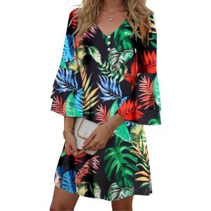 imageDisamer Summer Dresses for Women Casual 2025 Spring V Neck Ruffle Short Sleeve Button Down TShirt DressFlower Leaf