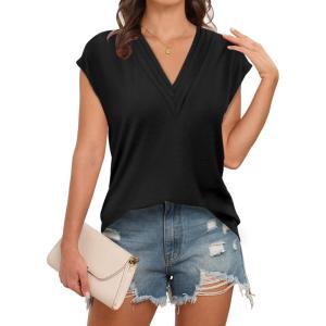 imageDisamer Womens Summer Tank Tops 2025 Trendy Cap Sleeve Shirts Fashion Cute Loose Fit V Neck Dressy Casual BlousesA Pure Black