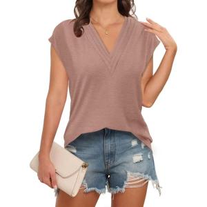 imageDisamer Womens Summer Tank Tops 2025 Trendy Cap Sleeve Shirts Fashion Cute Loose Fit V Neck Dressy Casual BlousesA Pure Khaki