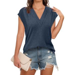imageDisamer Womens Summer Tank Tops 2025 Trendy Cap Sleeve Shirts Fashion Cute Loose Fit V Neck Dressy Casual BlousesA Pure Navy