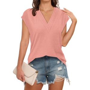 imageDisamer Womens Summer Tank Tops 2025 Trendy Cap Sleeve Shirts Fashion Cute Loose Fit V Neck Dressy Casual BlousesA Pure Pink