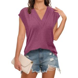 imageDisamer Womens Summer Tank Tops 2025 Trendy Cap Sleeve Shirts Fashion Cute Loose Fit V Neck Dressy Casual BlousesA Pure Purple