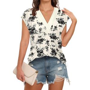 imageDisamer Womens Summer Tank Tops 2025 Trendy Cap Sleeve Shirts Fashion Cute Loose Fit V Neck Dressy Casual BlousesFlower Black Branch