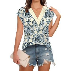 imageDisamer Womens Summer Tank Tops 2025 Trendy Cap Sleeve Shirts Fashion Cute Loose Fit V Neck Dressy Casual BlousesFlower Blue Vine