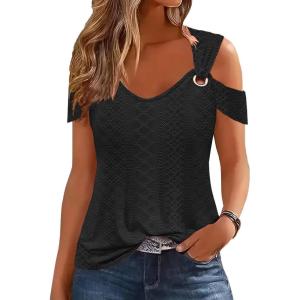 imageDisamer Womens Tops Summer Off The Shoulder 2025 Spring Fashion Short Sleeve T Shirt Basic Tees Sexy Dressy Casual BlouseLace Black