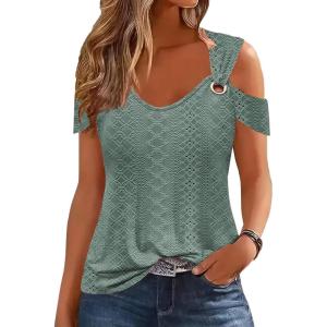 imageDisamer Womens Tops Summer Off The Shoulder 2025 Spring Fashion Short Sleeve T Shirt Basic Tees Sexy Dressy Casual BlouseLace Green