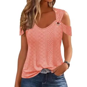 imageDisamer Womens Tops Summer Off The Shoulder 2025 Spring Fashion Short Sleeve T Shirt Basic Tees Sexy Dressy Casual BlouseLace Orange