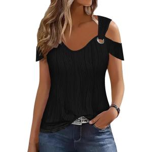 imageDisamer Womens Tops Summer Off The Shoulder 2025 Spring Fashion Short Sleeve T Shirt Basic Tees Sexy Dressy Casual BlouseLiu Black