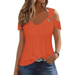 imageDisamer Womens Tops Summer Off The Shoulder 2025 Spring Fashion Short Sleeve T Shirt Basic Tees Sexy Dressy Casual BlouseLiu Orange