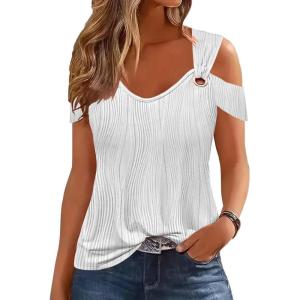 imageDisamer Womens Tops Summer Off The Shoulder 2025 Spring Fashion Short Sleeve T Shirt Basic Tees Sexy Dressy Casual BlouseLiu White