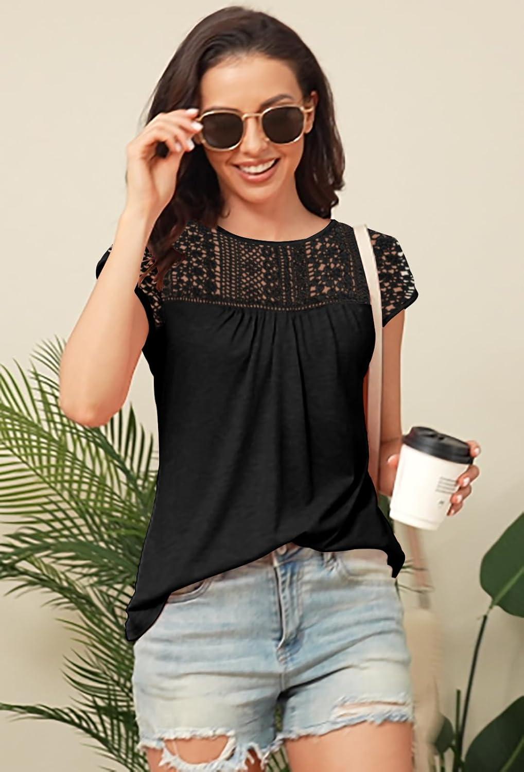 imageDisamer Womens Cap Sleeve Summer Tops Casual Crew Neck Lace Fashion Loose Fit Short Sleeve Shirts Tunic BlouseA Pure Black