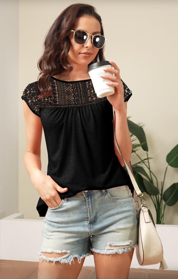 imageDisamer Womens Cap Sleeve Summer Tops Casual Crew Neck Lace Fashion Loose Fit Short Sleeve Shirts Tunic BlouseA Pure Black