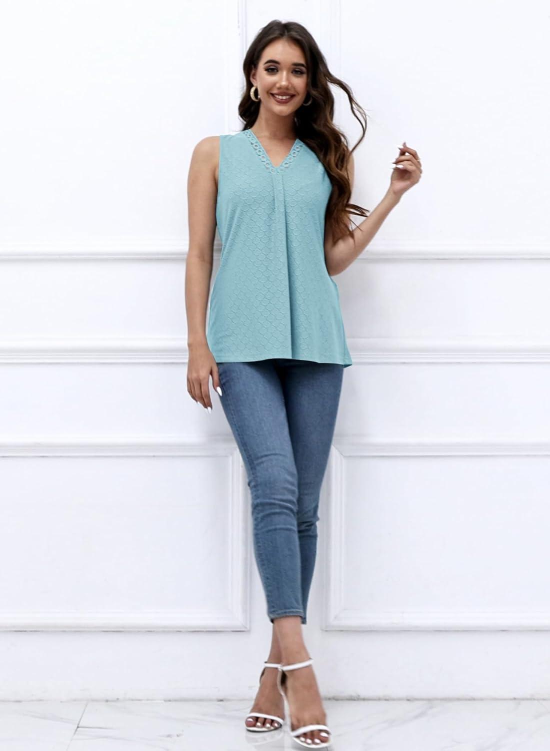 imageDisamer Womens Tank Tops 2025 Trendy Sleeveless Summer Dressy Casual Cute Loose Fit Lace V Neck TShirt Blouse TunicA Lace Blue