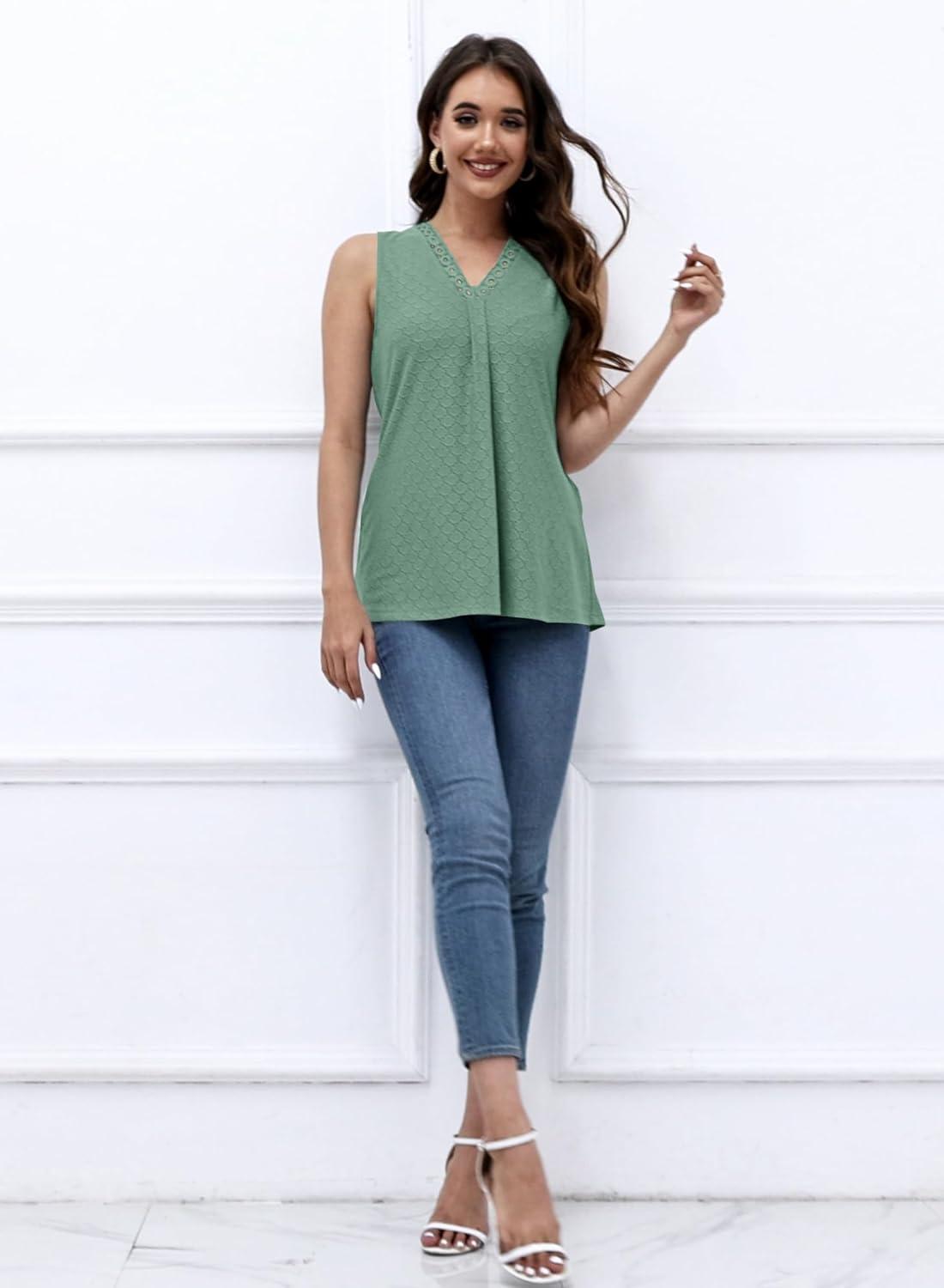 imageDisamer Womens Tank Tops 2025 Trendy Sleeveless Summer Dressy Casual Cute Loose Fit Lace V Neck TShirt Blouse TunicA Lace Green