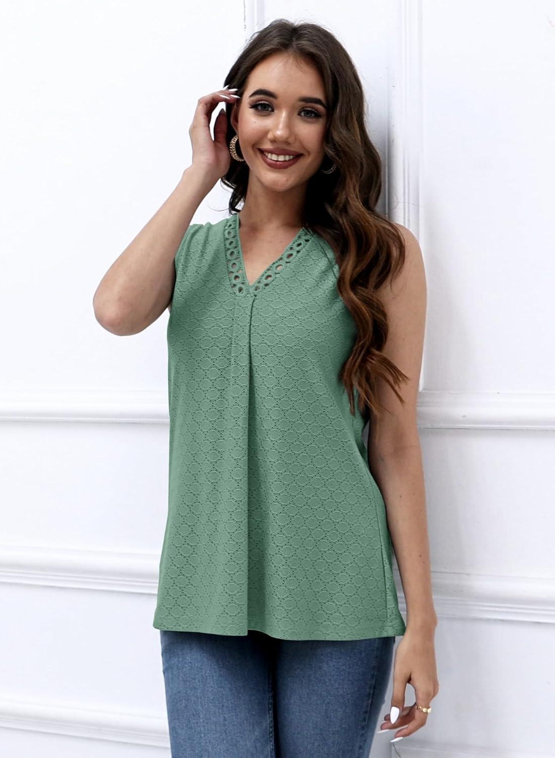 imageDisamer Womens Tank Tops 2025 Trendy Sleeveless Summer Dressy Casual Cute Loose Fit Lace V Neck TShirt Blouse TunicA Lace Green