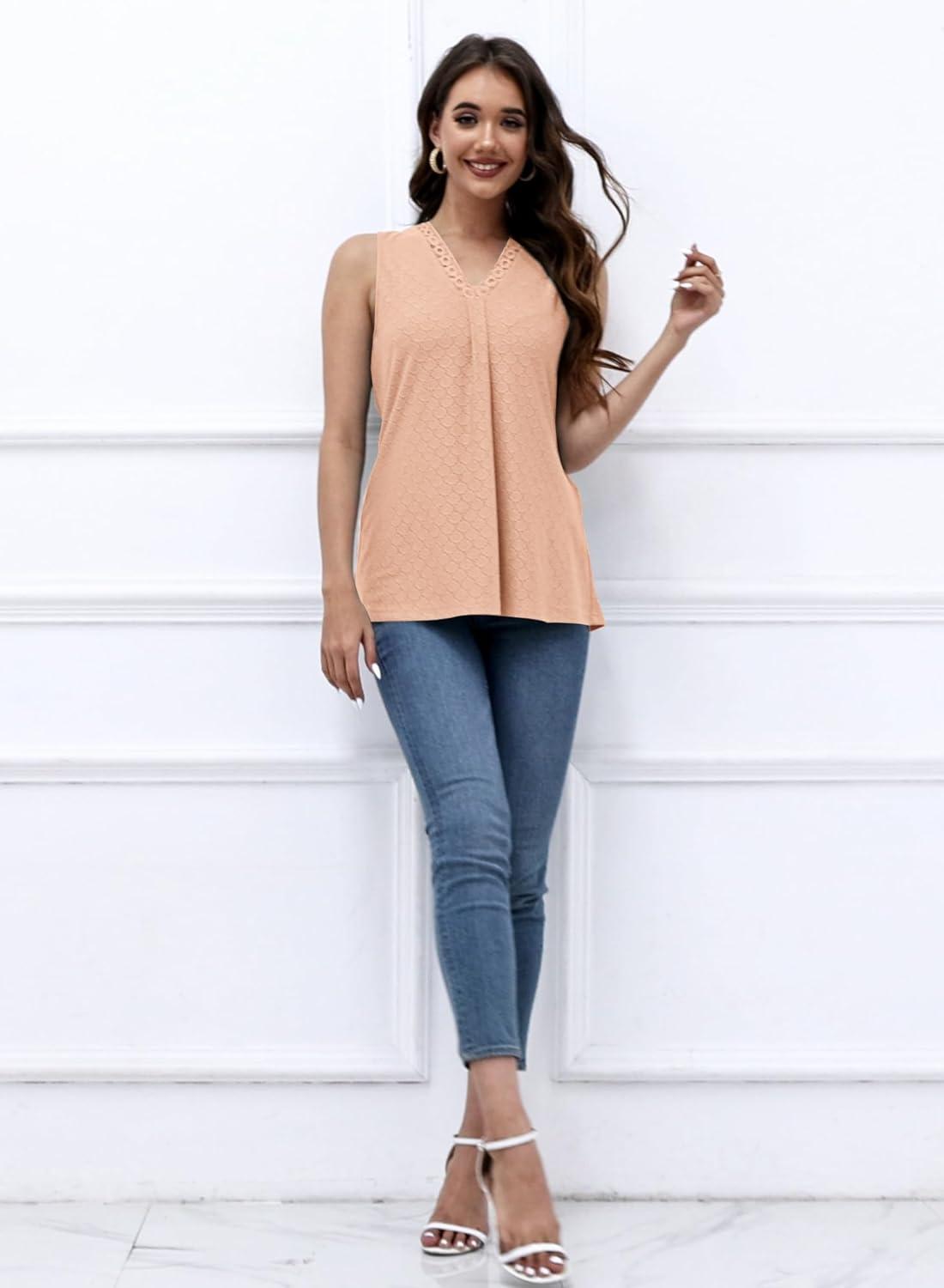 imageDisamer Womens Tank Tops 2025 Trendy Sleeveless Summer Dressy Casual Cute Loose Fit Lace V Neck TShirt Blouse TunicA Lace Orange