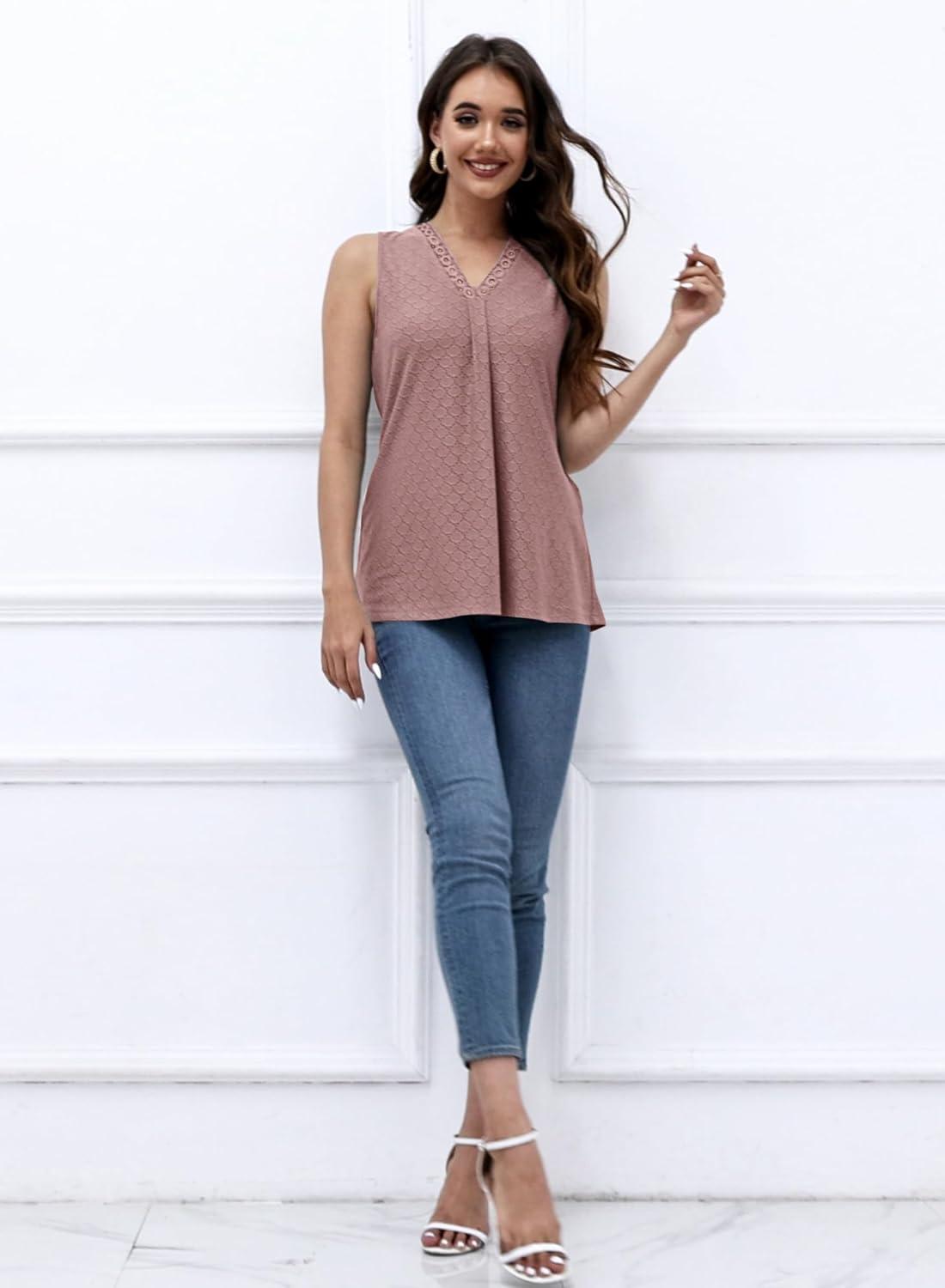 imageDisamer Womens Tank Tops 2025 Trendy Sleeveless Summer Dressy Casual Cute Loose Fit Lace V Neck TShirt Blouse TunicA Lace Pink