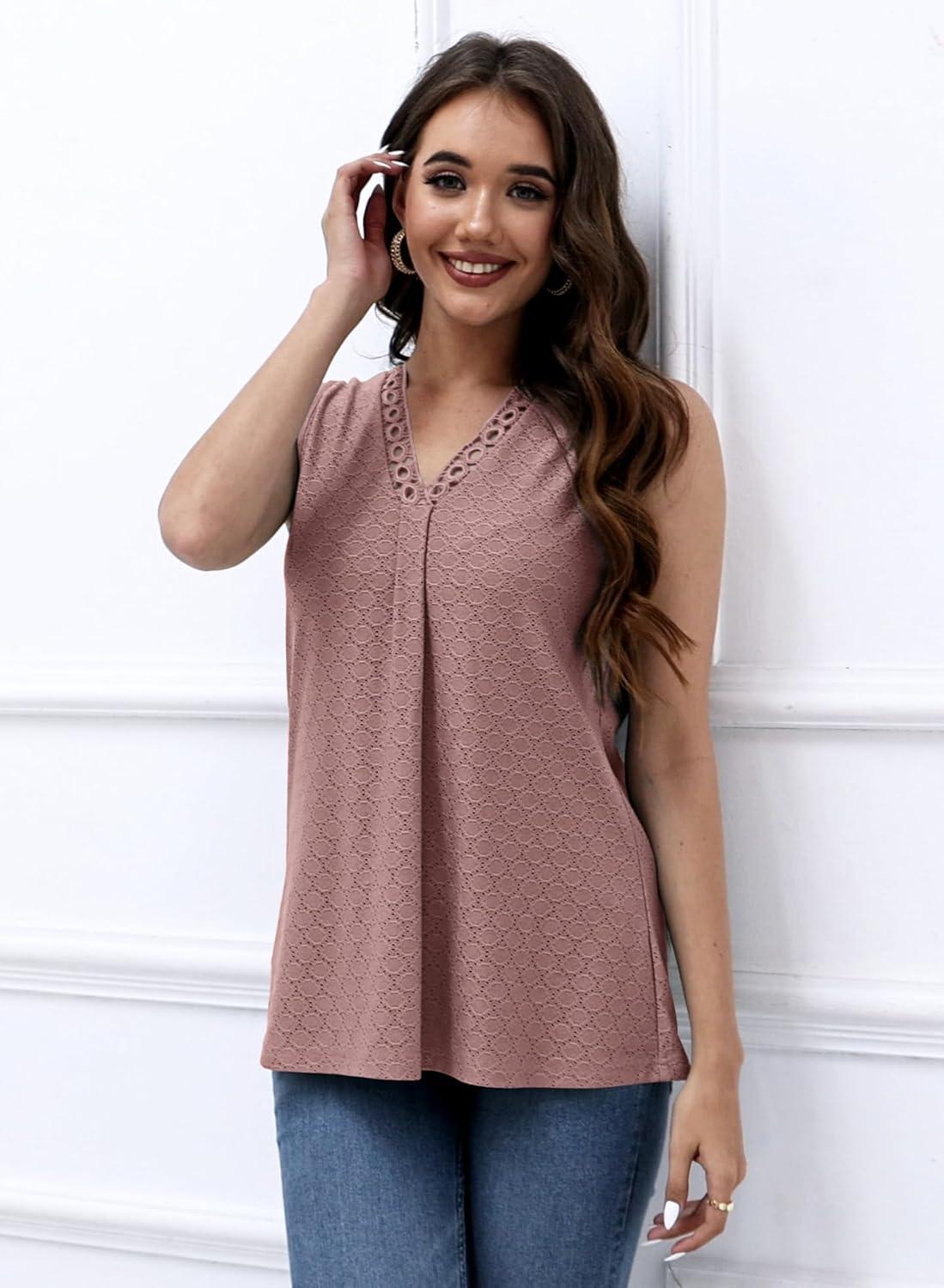imageDisamer Womens Tank Tops 2025 Trendy Sleeveless Summer Dressy Casual Cute Loose Fit Lace V Neck TShirt Blouse TunicA Lace Pink