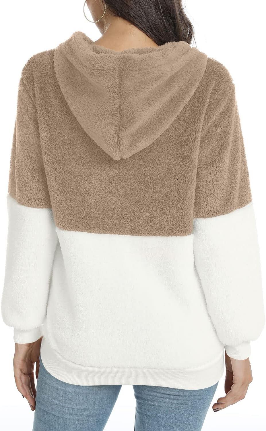 imageLONGYUAN Women Casual Hoodies Fashion Fuzzy Warm Pullover Sherpa Outerwear with Pockets01khaki Whitezs